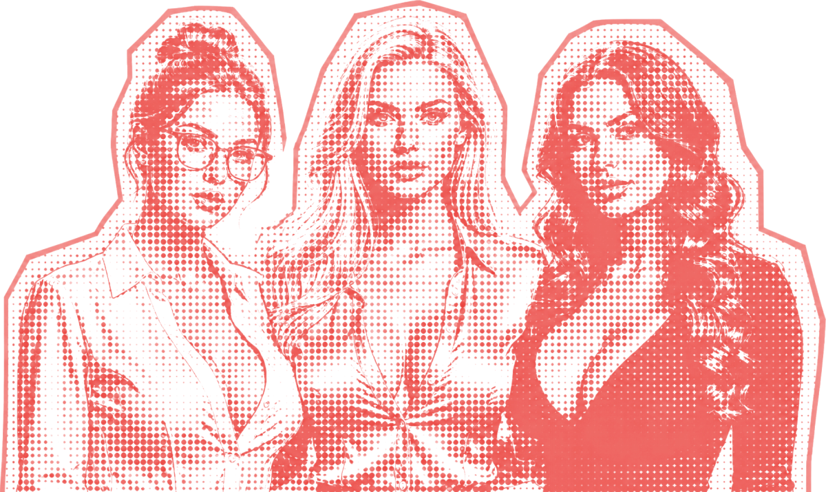 Three women rendered as a red halftone cutout